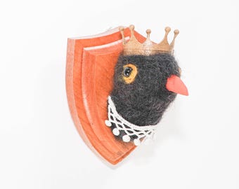 Needle Felted Blackbird Portrait with Crown, Animal Kingdom Collection