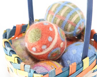 Needle Felted Easter Eggs in Basket (Set of 6 Decorated Eggs)