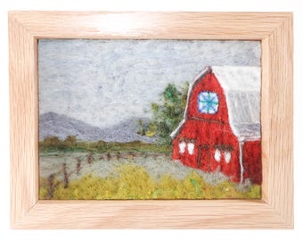 Pintura de paisaje en lana, arte en fibra de fieltro con aguja, colcha de granero rojo con montañas (6x8)