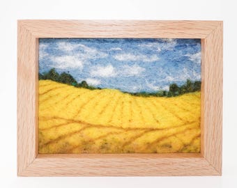 Wool Landscape Painting, Needle Felted Fiber Art, Yellow Fields of Sweden (5x7)