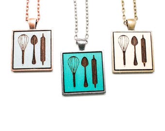 Baker's Pendant - Laser Engraved Wood Necklace (Whisk, Spoon, Rolling Pin) - Gifts for Chefs