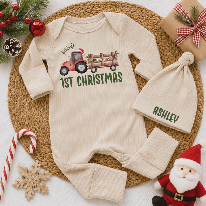 Personalized First Christmas Tractor Baby Bodysuit, Custom Name Retro ...