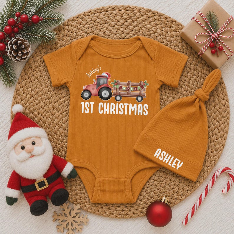 Personalized First Christmas Tractor Baby Bodysuit, Custom Name Retro ...