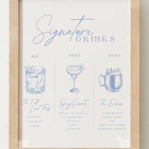 May include: A printable wedding sign with blue illustrations of cocktails and text that reads "Signature Drinks". The sign lists three drinks: "The Fall Coat Press", "Spicy Siarita", and "The Danse". Each drink has a list of ingredients.