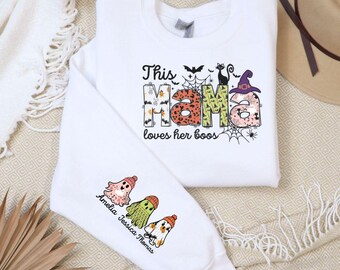 Moletom personalizado "Mamãe Ama Seus Boos" para o Halloween, gola redonda aconchegante e personalizada para o outono.