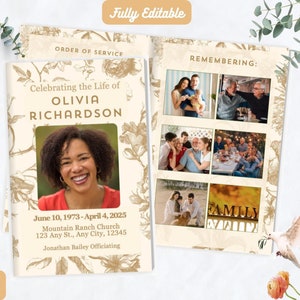 May include: A memorial service program with a floral design in gold and white. The program includes the name Olivia Richardson, the dates June 10, 1973 - April 4, 2025, and the text "Celebrating the Life of". The program also includes a photo of Olivia and a section for remembering with photos of family members.