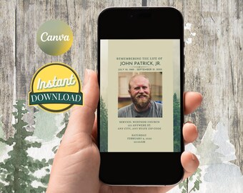 May include: A digital memorial card with a photo of a man and the text "Remembering the life of John Patrick, Jr. July 10, 1989 - September 11, 2015 Service: Westside Church 123 Anywhere St. Any City, Any State Zip Code Saturday February 6, 2015 10:00 AM"