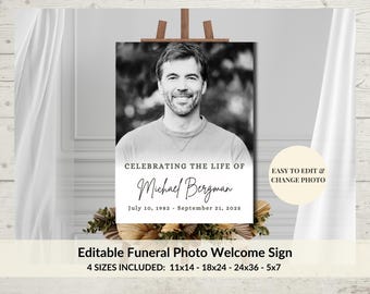 Könnte beinhalten: Schwarzweißfoto eines Mannes auf einem druckbaren Trauerbanner. Das Banner lautet "Celebrating the life of Michael Bergman, 10. Juli 1982 - 21. September 2025". Das Banner ist editierbar und in vier Größen erhältlich: 11x14, 18x24, 24x36 und 5x7.