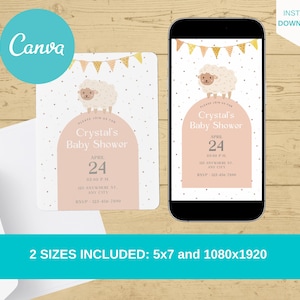 Cute Lamb Baby Shower Editable Electronic Invitation. Lamb E-vite Template. Digital Invite. Gender Neutral Customizable Instant Download