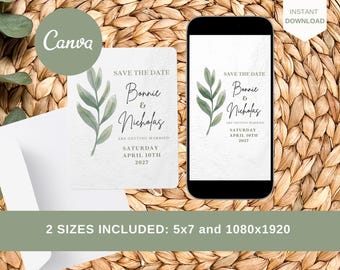 May include: A digital save the date card with a watercolor green leaf design. The text reads "Save the Date Bonnie & Nicholas are getting married Saturday April 10th 2027".