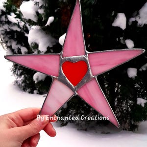 8&quot; pink stained glass star with a red heart