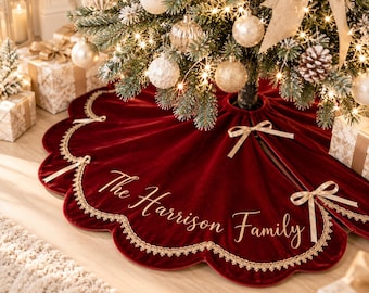 Gonna per albero di Natale in velluto personalizzata: copertura di lusso dorata con nome per la base dell'albero, decorazione natalizia personalizzata per la famiglia.