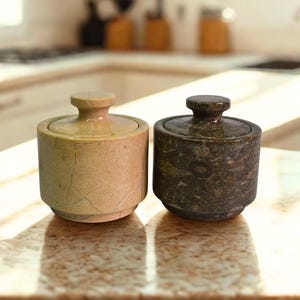 Marble Salt Cellar with Lid - Set of Two Salt and Pepper Cellar, Salt Jar, Sugar Pot, Salt box, Sugar Bowl | Unique Kitchen Gifts for Her