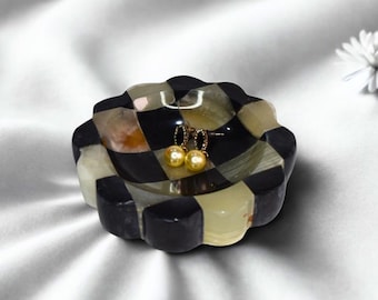 Checkered Marble Catchall – Onyx Jewelry Dish, Coffee Table Decor, Stone Soap Bowl