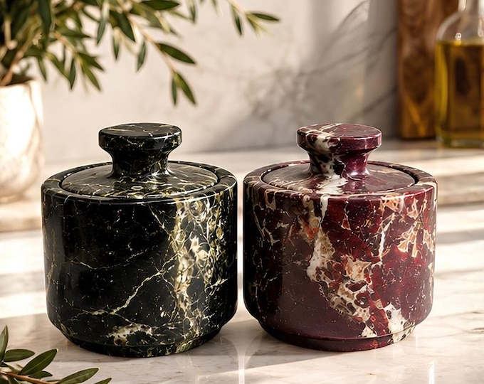 Marble Salt Cellar Set - 3" Lidded Salt and Pepper Jars | Kitchen Gifts For Her