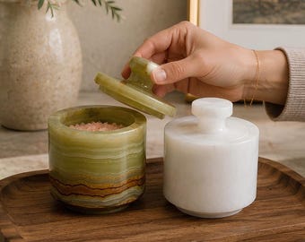 Salt Cellar with Lid - Set of Two 3" Handcrafted Marble Onyx Jar | Christmas Gifts