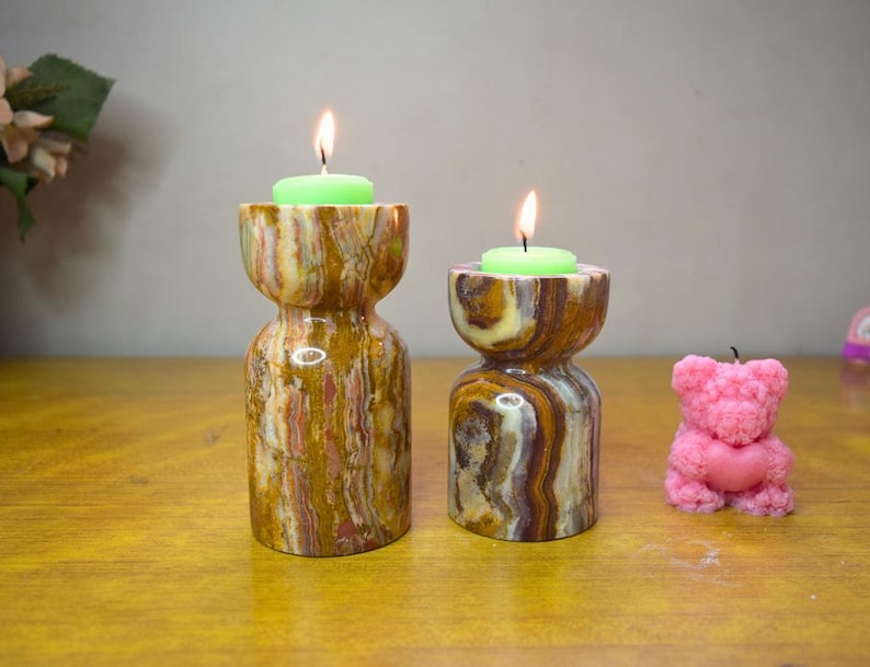 Marble Candle Holder - Tealight Holder, Stoneware Candle Holder, Wooden Style Candle Holder, Pillar Candle Holder | Housewarming Gift