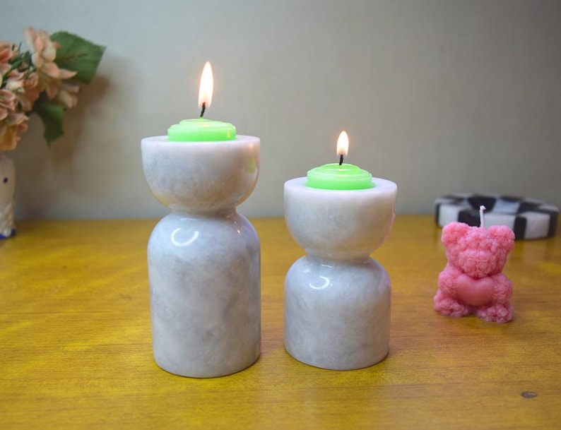 Marble Candle Holder - Tealight Holder, Stoneware Candle Holder, Wooden Style Candle Holder, Pillar Candle Holder | Housewarming Gift