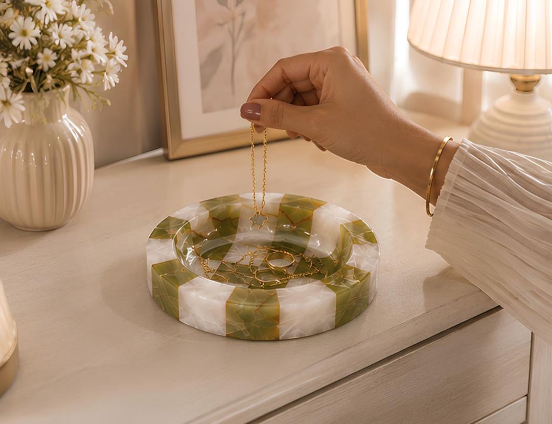 Checkered Green Onyx Catchall - Jewelry Dish, Hand-carved Marble Tray 