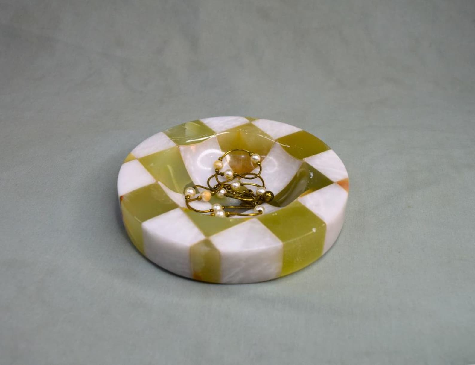 Checkered Onyx Catchall - Jewelry Dish Stone Soap Dish, Halloween Decoration, Hand-carved Stone Bowl Candle Holder | Christmas Gift For Her - Green Onyx & White