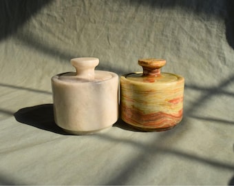 Marble Salt Cellar with Lid - Set of Two 3&quot; Salt and Pepper Cellar, Salt Jar, Sugar Pot, Salt Box, Sugar Bowl | Kitchen Gifts for Her