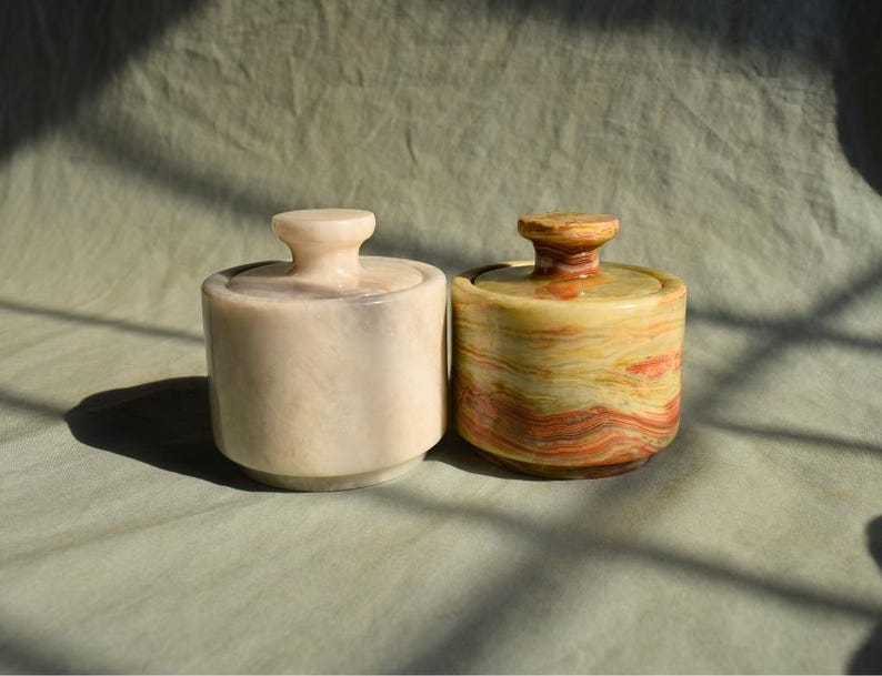 Marble Salt Cellar with Lid - Set of Two; Salt and Pepper Cellar, Salt Jar, Sugar Pot, salt box, sugar bowl | Kitchen Gifts for Her