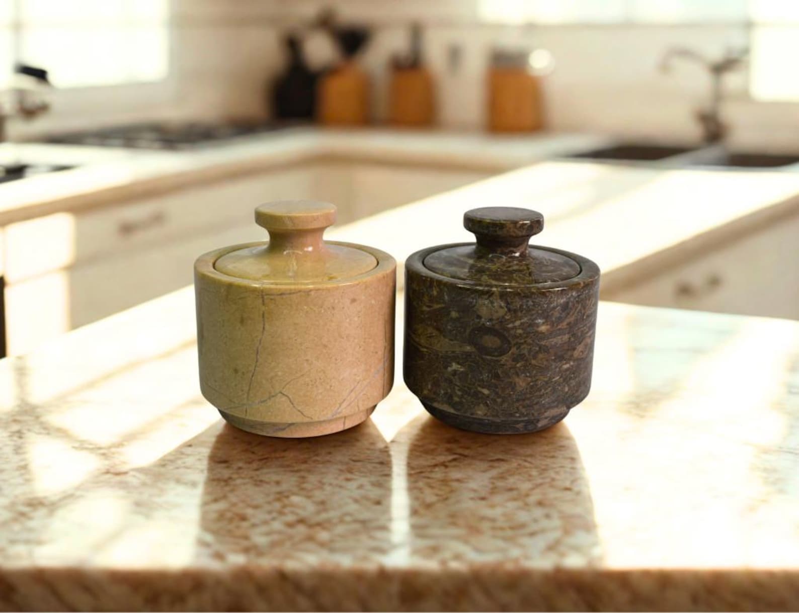Marble Salt Cellar with Lid - Set of Two Salt and Pepper Cellar, Salt Jar, Sugar Pot, Salt box, Sugar Bowl | Unique Kitchen Gifts for Her