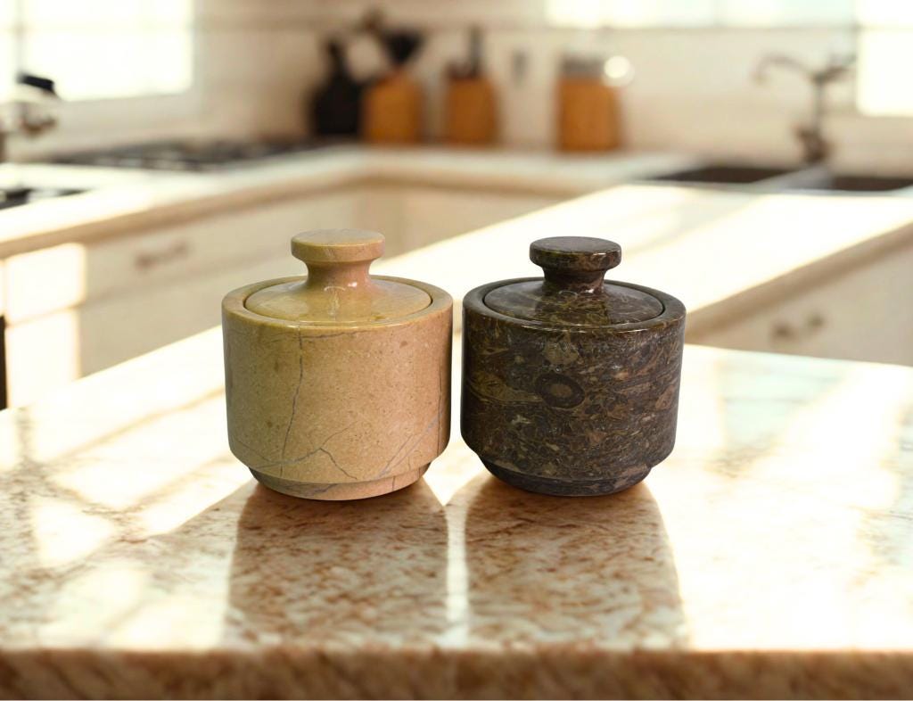 Marble Salt Cellar with Lid - Set of Two Salt and Pepper Cellar, Salt Jar, Sugar Pot, Salt box, Sugar Bowl | Unique Kitchen Gifts for Her