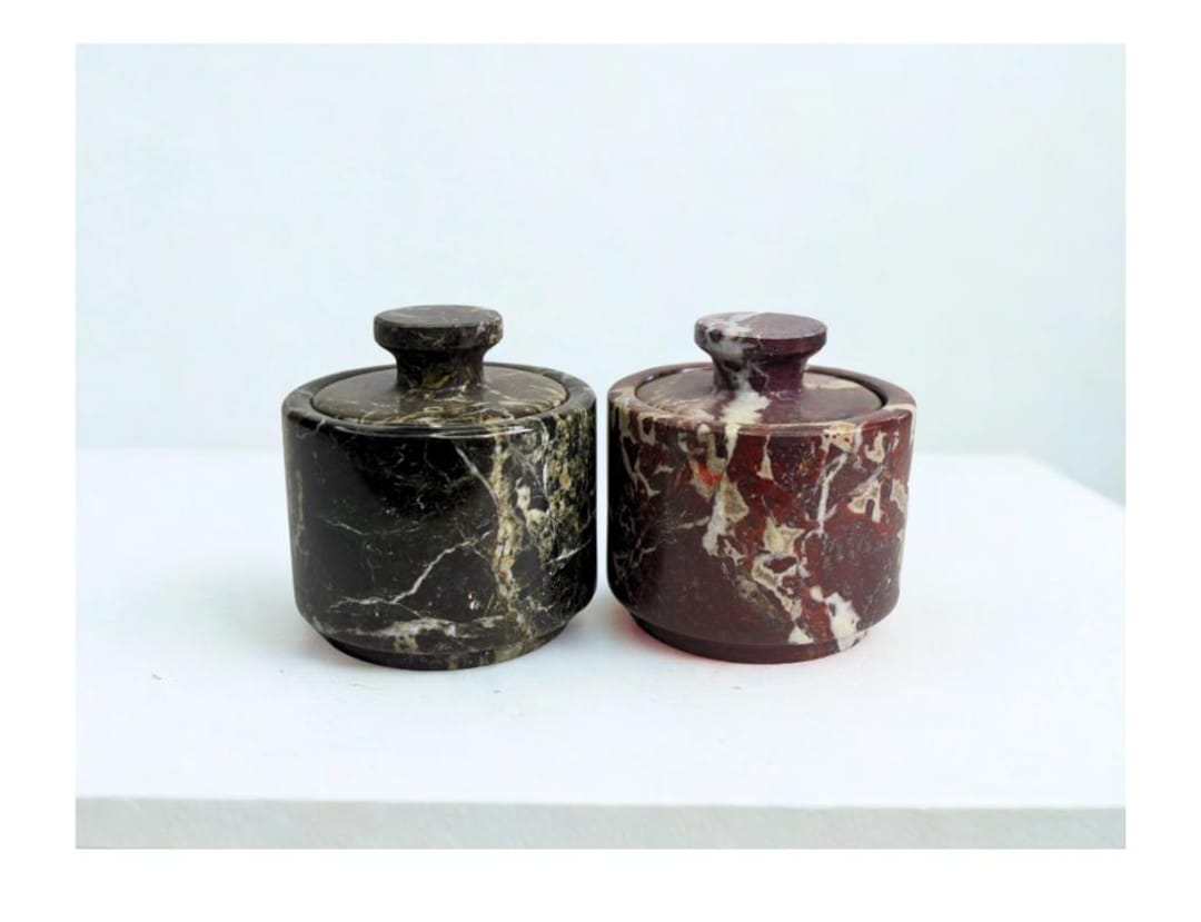 Marble Salt Cellar Set - Lidded Salt and Pepper Jars, Kitchen Gifts Sugar Pot