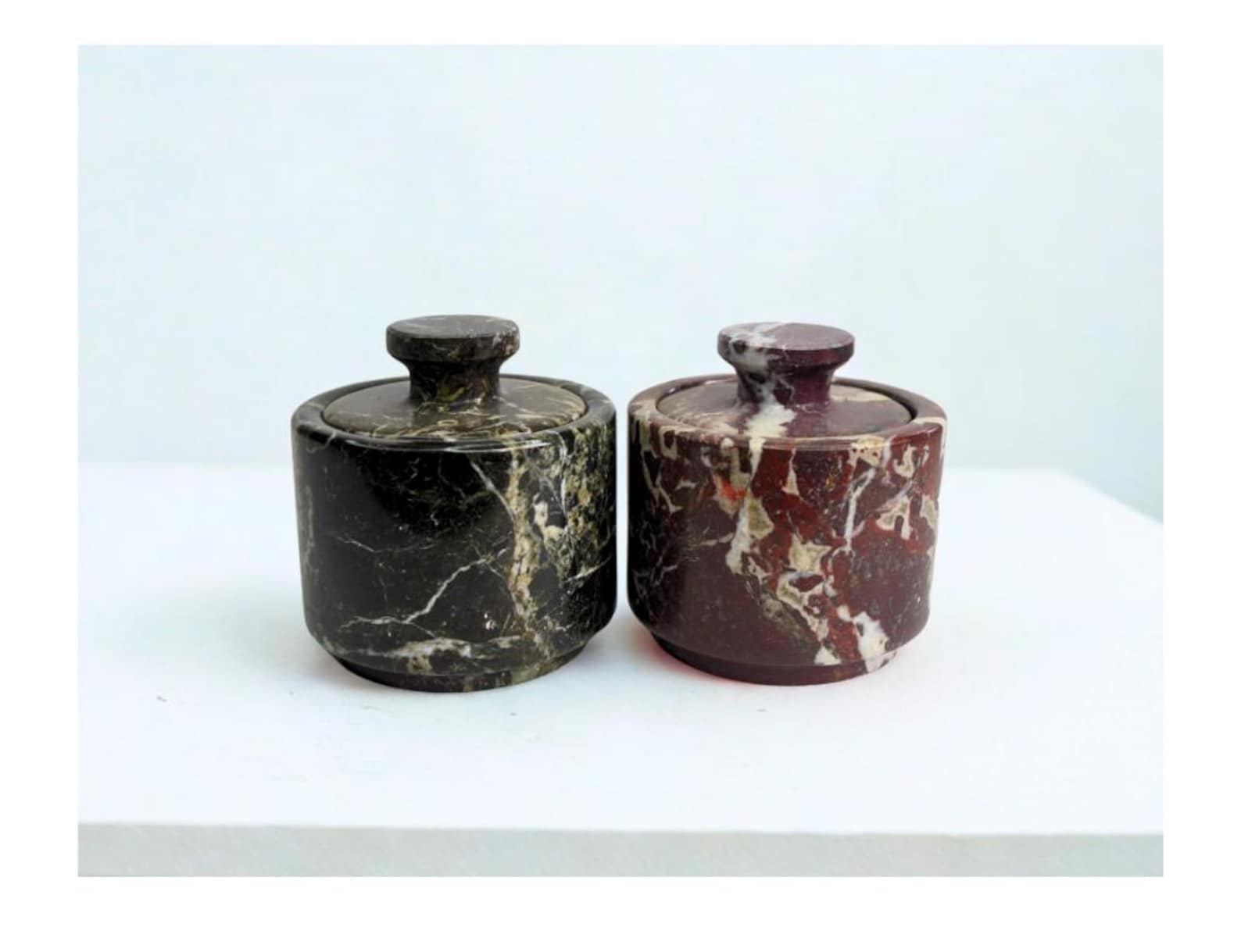 Marble Salt Cellar with Lid - Set of Two Salt and Pepper Cellar, Salt Jar, Sugar Pot, Salt Box, Sugar Bowl | Unique Kitchen Gifts for Her