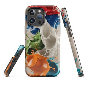 May include: A phone case with a colorful paint splatter design. The case is made of a durable material and features a raised camera bump for added protection.