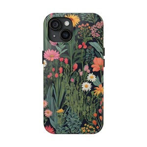 May include: A phone case featuring a vibrant floral design. The case showcases a dark background with a colorful array of flowers in shades of pink, orange, yellow, and white. The case has a glossy finish.