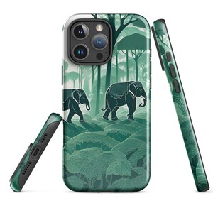 May include: A green phone case with a design of elephants walking through a forest. The case has a cutout for the camera lens and buttons.
