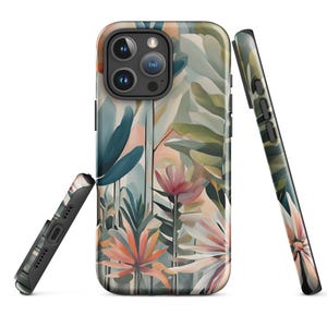 May include: A phone case with a floral design featuring abstract flowers and leaves in shades of pink, blue, green, and white. The case is designed for a phone with a triple camera system.
