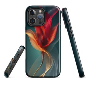 May include: A phone case with a floral design. The case features a vibrant red and orange flower against a teal background. The design includes flowing, translucent white lines. The case is shown from multiple angles, highlighting its sleek, black frame.