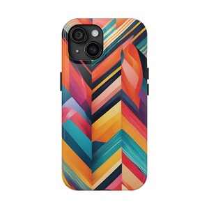 May include: A colorful phone case with a geometric pattern of stripes and zigzags in shades of orange, yellow, blue, pink, and black.