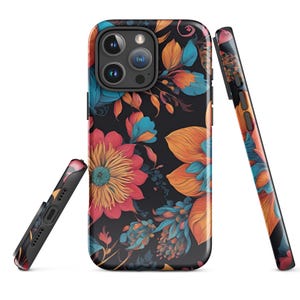 May include: A black phone case with a floral design featuring orange, red, and blue flowers on a black background.