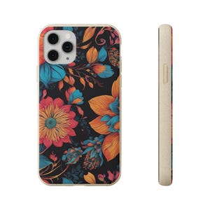 May include: A floral phone case with a black background and a variety of colorful flowers, including orange, red, blue, and green. The case is made of a sustainable material.