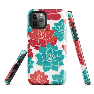 May include: A white phone case featuring a repeating pattern of red and teal succulent flowers. The case is shown from multiple angles, displaying the design on the front, back, and sides. The case has a black camera cutout and buttons.