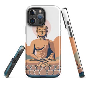 May include: A white phone case with a colorful illustration of a meditating Buddha figure sitting on a lotus flower. The phone case has a raised camera bump with three lenses.