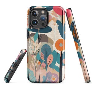 May include: A phone case with a colorful abstract floral design. The case features a variety of colors, including pink, blue, green, and orange. The design is reminiscent of a forest scene with trees, flowers, and leaves.