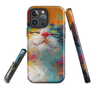 May include: A colorful phone case featuring a smiling cat face. The design uses a watercolor style with shades of orange, blue, yellow, and white. The case is shown from multiple angles, highlighting the design on the front and sides.