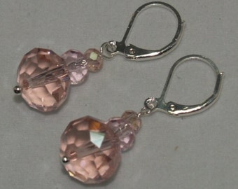 Soft Pink Rondelles on Silver Plated Leverback Earwires Dangle Earrings Swarovski Crystals