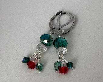 Holiday Sparkle Dangle Earrings – Green, Red & Clear Crystals