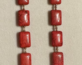 Red Magnesite Chiclet Bracelet, Magnetic Clasp, 24kt Gold Plated Beads
