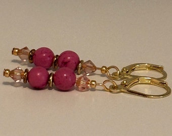 Pink Coral & Crystal Dangle Earrings with Gold Accents