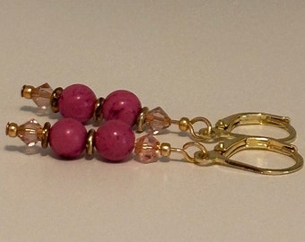 6mm Pink Coral & Crystal Dangle Earrings