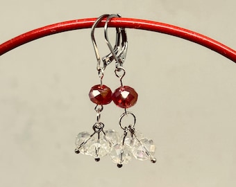Red & Clear Crystal Rondelle Cluster Dangle Earrings | Stainless Steel Leverbacks