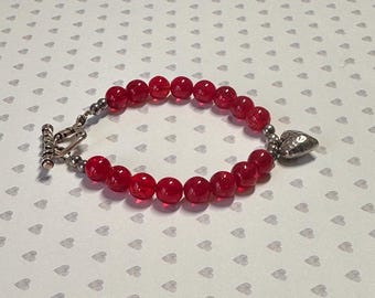 Red German Glass Bracelet with Silver Puffed Heart