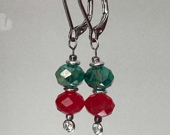Festive Red & Green Crystal Dangle Earrings